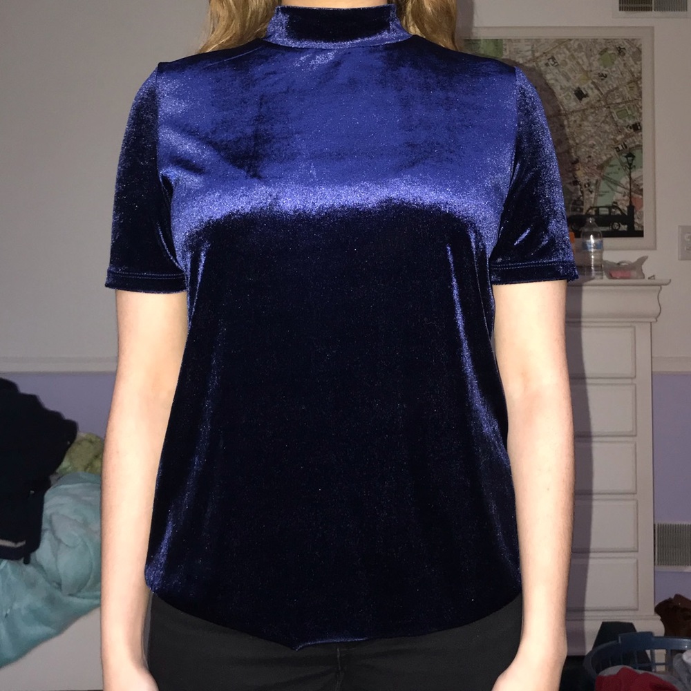 Zara blue velvet mock neck top